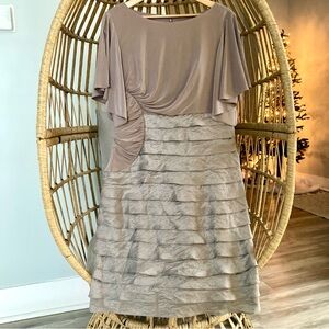 ✨ Adrianna Papell Taupe & Silver Tiered Chiffon Dress Holiday Wear Size US 14
